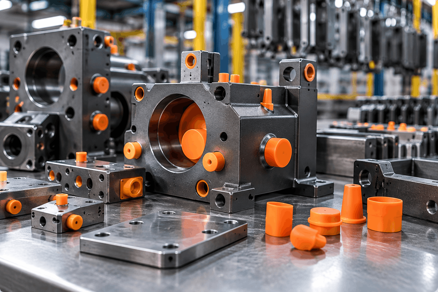 Machined metal components with silicone masking plugs protecting precision openings